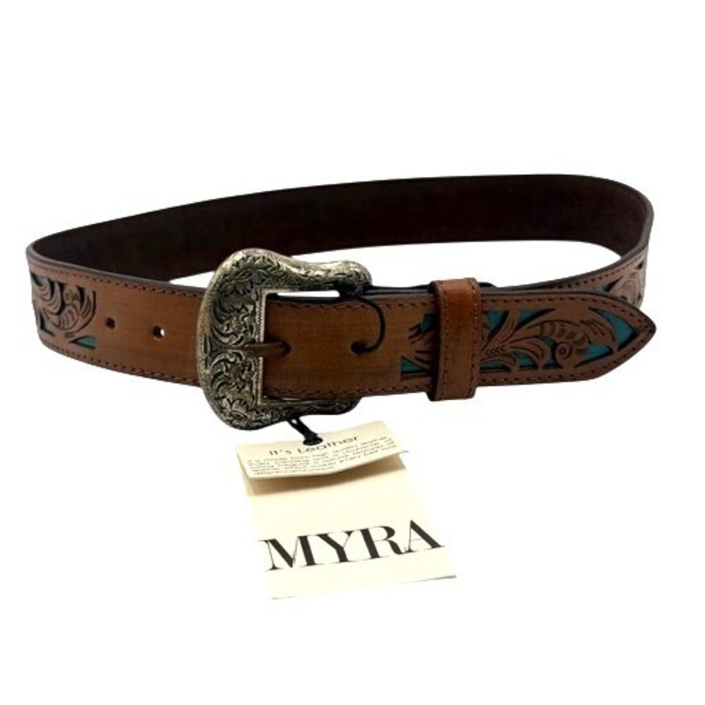 Myra Astute S-4056 Brown Leather Turquoise Floral Cutout‎ Western Belt Small NEW
